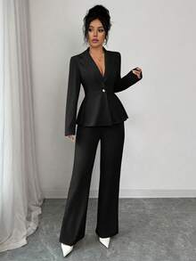 SHEIN Elenzya Women's Ruffle Hem Blazer Jacket And Straight Leg Pants Elegant Romantic Business Suit Set - Black - View 7