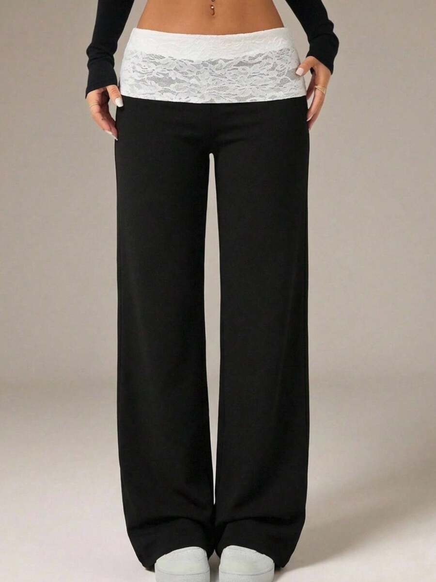 SHEIN EZwear Women's Contrast Color Contrast Lace Straight Loose Pants - Black and White - View 1