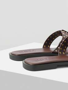 MOTF WOMEN'S SUMMER FASHION STREET CASUAL COMMUTE RIVET DECOR OPEN TOE FLAT SANDALS SPRING SHOES SUMMER SHOES - Coffee Brown - View 5