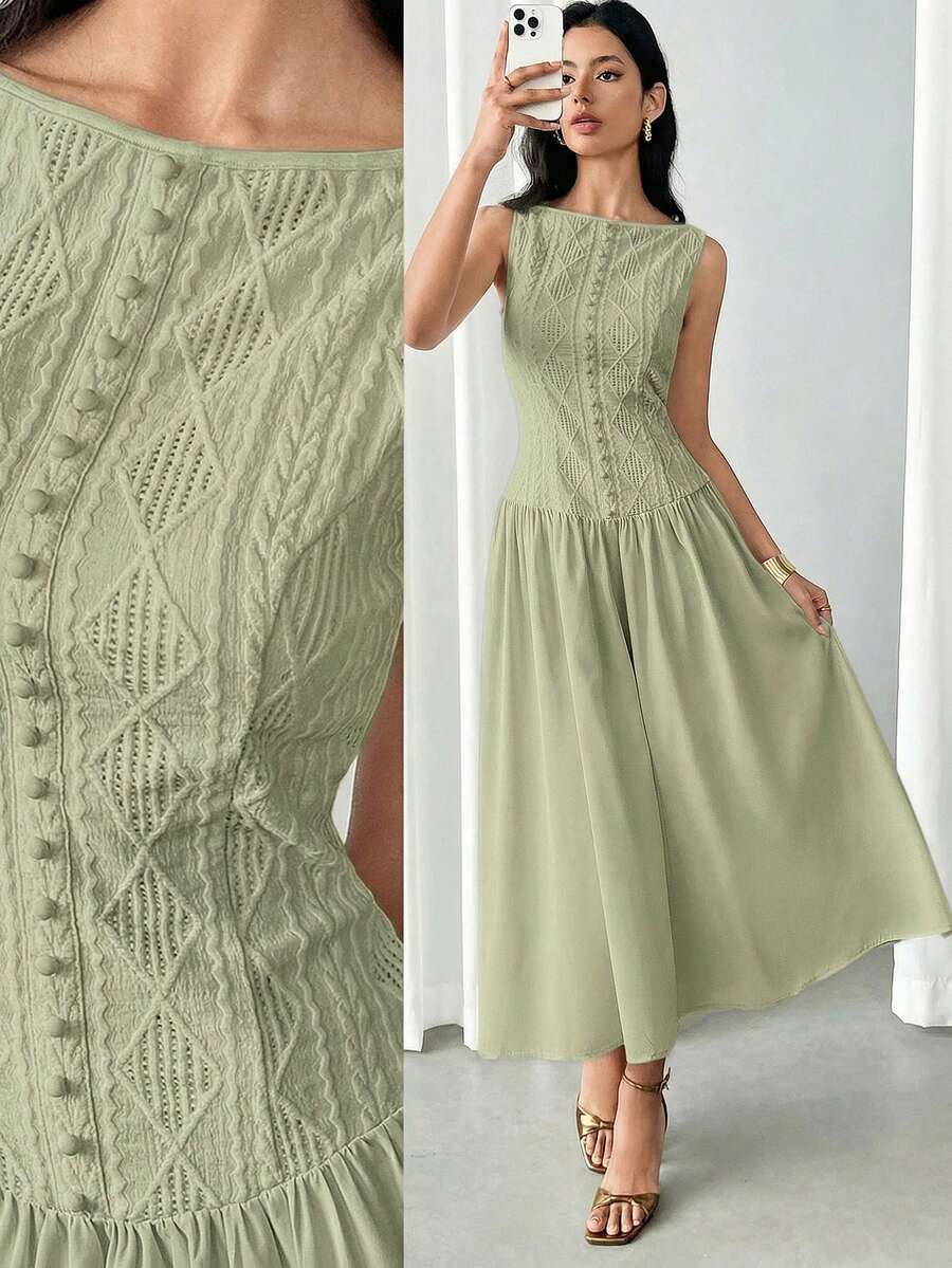 Modelyn Đầm nữ thanh lịch dài ngang gối, cổ thuyền, không tay, họa tiết hình học. - màu xanh lá - Xem 1