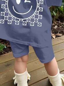 Cute Checkerboard Floral & Face Pattern, Baby Girl Casual Minimalist Short Sleeve Top And Shorts Set, Suitable For Summer - Blue - View 4