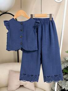 Girls (Small) Textured Fabric Short Sleeve T-Shirt With Button Back Design & Casual Long Pants Set - Blue - View 3