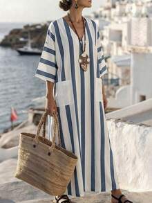 Breezaya Women Blue And White Stripe Summer Boho Holiday Vacation Holiday V-Neck Kaftan Dress,Linen Beach Cover Up,Cruise Resort Wear Nautical Coastal Outfit - Multicolor - View 5