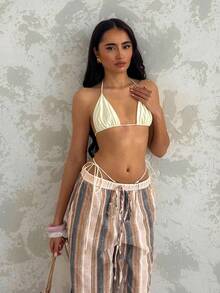 Glamine 女士条纹亚麻阔腿裤，休闲沙滩度假乡村长裤，优雅自然，夏季 - 彩色 - 查看 5