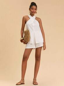 Travachic Women's Casual Solid Color Halter Neck Tank Top & Shorts 2-Piece Set - White - View 6