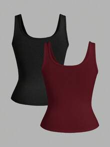 Slaydiva 2pcs/Set Black + White Casual Basic Camisole Sleeveless Deep V-Neck Ribbed Tank Top For Women,Summer Top - Multicolor - View 2
