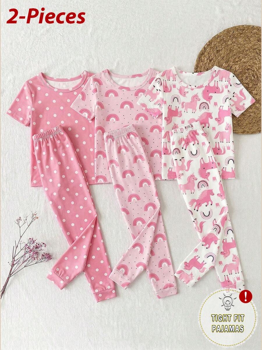 [3 Bộ Ngẫu Nhiên, 1 Bộ Được Gửi] Bộ Đồ Ngủ Bé Gái, Hàng Mới Xuân/Hè, Họa Tiết Cổ Điển Dễ Thương Bán Chạy Nhất Bao Gồm Hình Kỳ Lân, Cầu Vồng, Chấm Bi, Áo Ngắn Tay + Quần Vải Dệt Kim Co Giãn Ôm Sóc (Ngẫu Nhiên) - Hồng - Xem 1