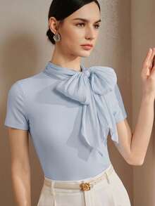 Anewsta Neue Ankunft Frühling/Sommer Elegante Mode Lässig Ausflug Arbeit Date Party Elastischer Figurbetonter Krawattenkragen Kurzarm Damen T-Shirt - Blau - Übersicht 4