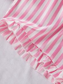 Girls Pajamas, Elegant & Comfortable Soft Satin Pink & White Striped Ruffle Trim Short Sleeve Cardigan & Shorts 2 Pieces Sleepwear Set - Multicolor - View 10