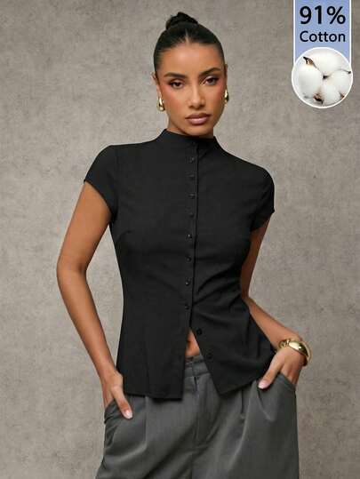 SHEIN BAE Blusa casual de jersey de color negro sólido con cuello de tortuga y mangas cortas, 91% algodón, de estilo elegante y de negocios, perfecta para el uso en la oficina, atuendos de viaje, citas y ocasiones formales en primavera y verano