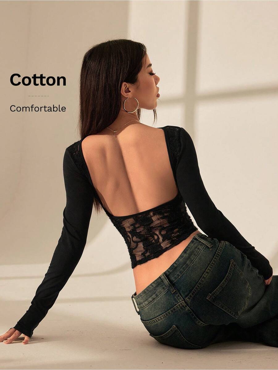 SHEIN PETITE 露背蕾絲拼接女款T恤上衣,優雅約會夜店晚裝,適合秋季,黑色,小碼女款 - 黑色 - 查看 1