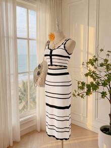 SHEIN EZwear 大码女装两件套，时尚新款春夏渐变条纹荷叶边吊带背心搭配时尚迷你裙，休闲简约通勤及度假装，大码女式沙滩装，大码女式邮轮装，大码女式度假装，大码女式夏季装 - 彩色 - 查看 3