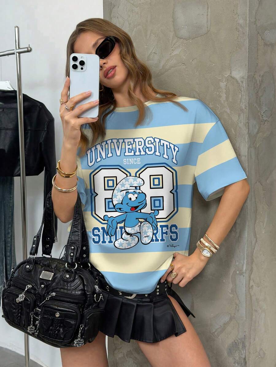 SHEIN X The Smurfs 女士圆领卡通字母印花休闲百搭日常短袖T恤 - 白色 - 查看 1