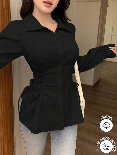 Modelyn Camisa de mujer casual de unicolor con cordón, minimalista y versátil para el uso diario, primavera/otoño