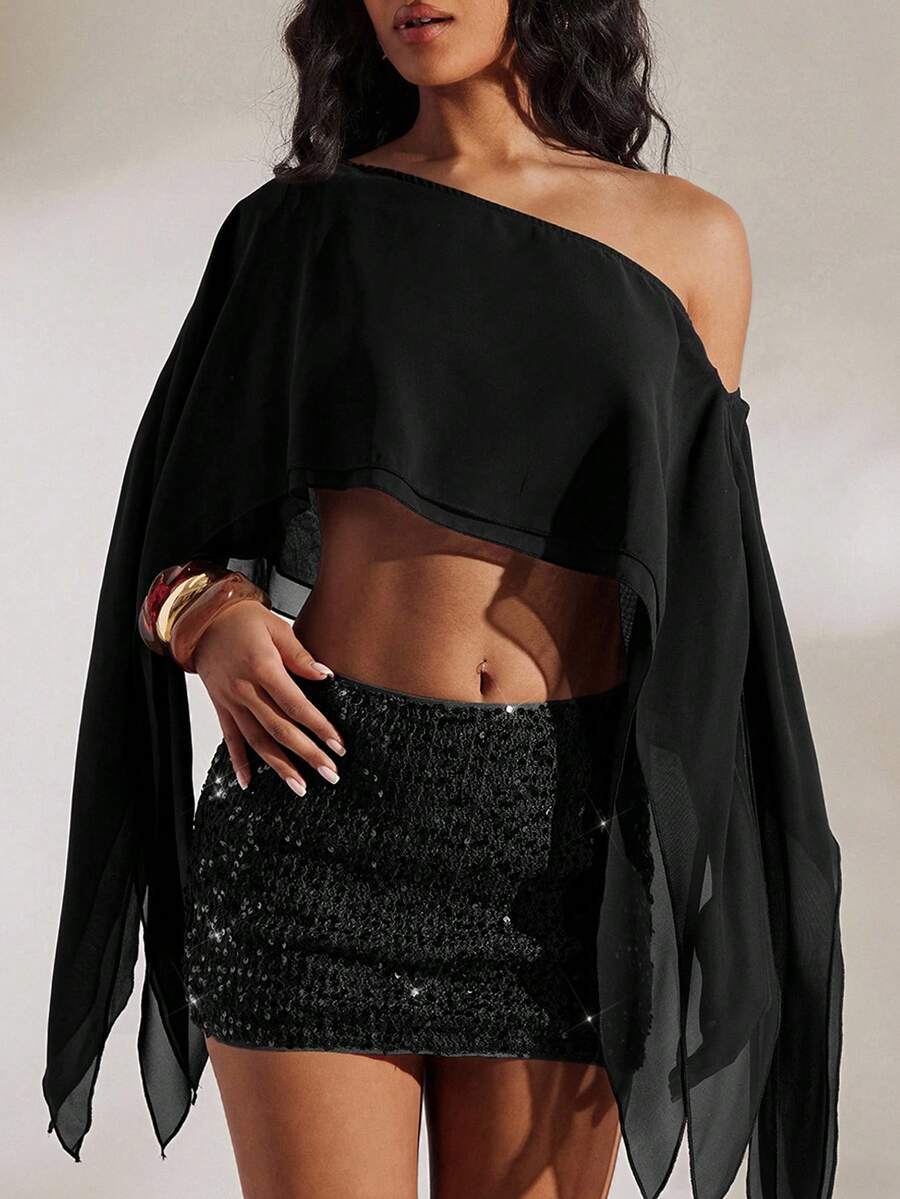 Opulessa Set de 2 piezas con top tubo ajustado de unicolor y blusa suelta de cuello asimétrico tejida - Negro - Ver 1