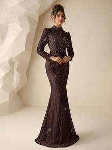 Coutiva Elegant High Neck Long Sleeve Mermaid Formal Evening Dress,Sequin Embroidery Pearl Rhinestone Design Ball Gowns For Wedding Guests & Dinner Parties - Brown - View 7