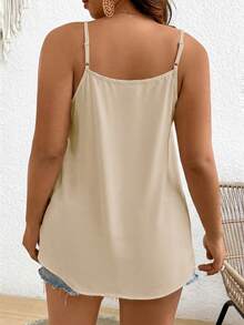 SHEIN Frenchy Plus Size Solid Color Lace Patchwork V-Neck Camisole Gym Brown Summer - Khaki - View 2
