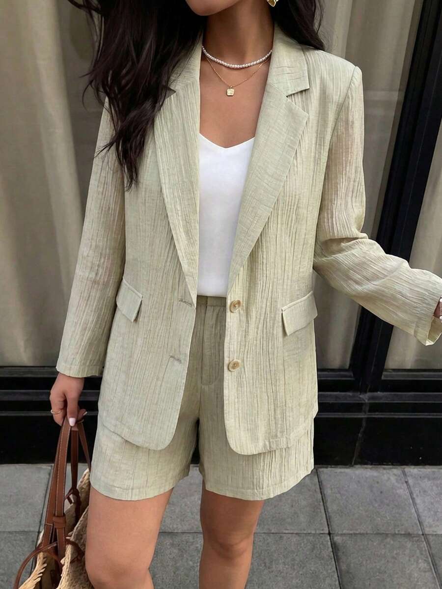 Feyla Women's Minimalist Commuter Textured Notched Collar Blazer And Shorts Set, Autumn - Khaki - View 1