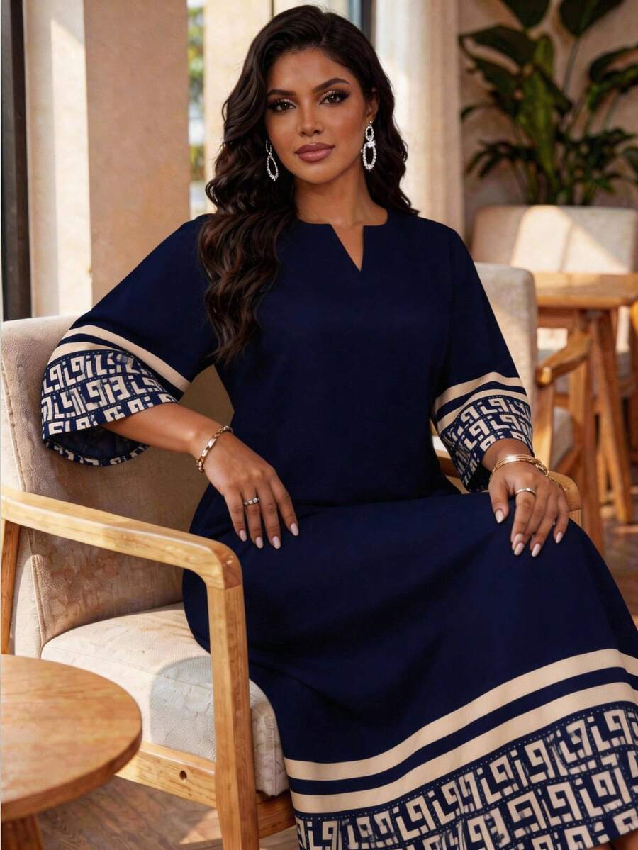 SHEIN Lady CURVE Vestido bata de talla grande con estampado de rayas clásico Huizi de manga suelta, cuello en V con muesca, para primavera, verano, otoño e invierno - Multicolor - Ver 1