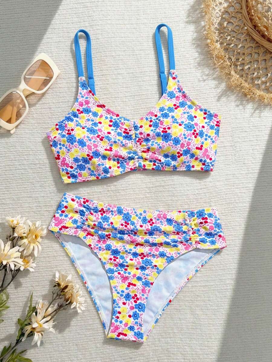 SHEIN Tween Girls Colorful Ditsy Floral Bikini Set,White Summer Cute Pool Party Vacation Holiday Bathing Suits For Teens,Knit Fabric Side Tie Swimwear Set - Multicolor - View 1