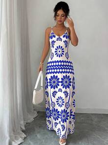 Breezaya Vestido de tirantes con estampado floral de estilo bohemio y casual para vacaciones de mujer - Azul - Ver 3