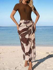 Swim Mulvari Bộ đồ bơi 3 món mùa hè dành cho nữ, họa tiết hoa ngẫu nhiên, tay ngắn, có khóa kéo, kiểu burkini, váy nâu đi biển, trang phục đi biển cho nữ, váy đi nghỉ mát, trang phục đi biển cho nữ, trang phục phong cách boho cho nữ. - màu nâu - Xem 5