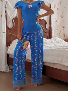 CottageSlumber V-Neck Back Short Sleeve + Ditsy Floral Long Pants Jacquard Pajama Set - Multicolor - View 5