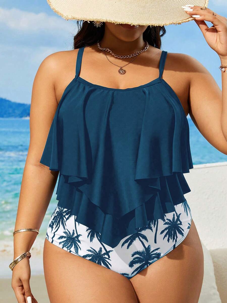 Swim Lushoire Bộ đồ bơi tankini cỡ lớn, màu trơn, dây mảnh, in hình cây dừa. - Màu xanh ngọc - Xem 1