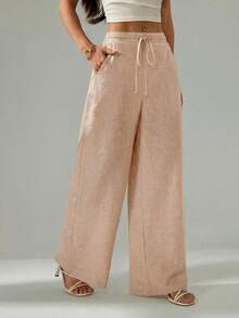 SHEIN PETITE Quần nữ bằng vải lanh trơn màu, ống rộng, có túi, kiểu dáng công sở, phong cách cổ điển, quần ống rộng, trang phục mùa hè cho nữ, đồ đi biển, trang phục đi nghỉ mát, quần nữ. - Màu Khaki - Xem 8