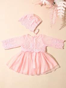SHEIN 淺粉色夏季女嬰洗禮禮服 新生兒蕾絲公主洋裝附配套帽子 基督洗禮套裝 拍照攝影服裝 重生娃娃裝 - 粉色 - 查看 7