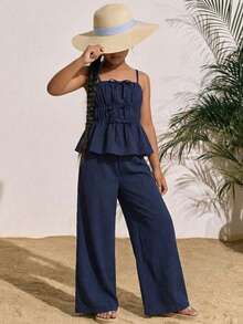 SHEIN Tween Girl Solid Color Pleated Camisole Top And Wide Leg Pants Casual Outfit,Kids - Navy Blue - View 3