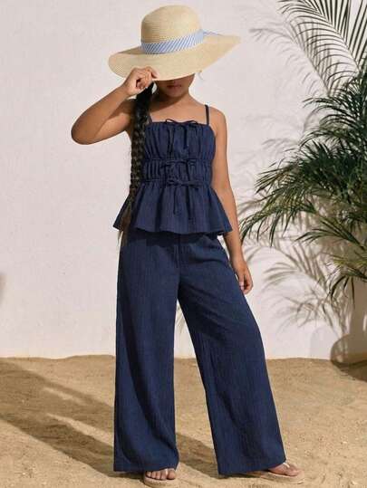 SHEIN 少女纯色褶皱吊带背心和阔腿裤休闲套装