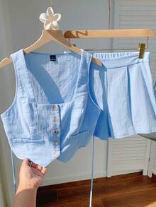 Comfortcana 2026春夏新款女士100%纯棉蓝色无袖短款两件套，适合冬季、复活节、派对、海滩、婚礼、毕业典礼等场合，风格优雅、休闲、度假、运动、正式、Y2K、商务，饰有亮片、流苏、荷叶边、花朵、图案等元素。 - 淺藍色 - 查看 4