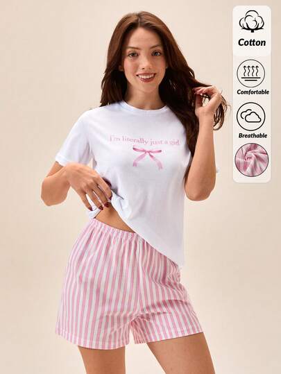 Loomlin Cottonline Relaxed Fit White Fit With Just A Girl Bow Print, Stripey Short Bottom Casual Pajama Set