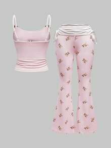 ROMWE J-Fashion Cute Deer Embroidered Lace Blouse Paired With Deer All-Over Print Flare Pants - Pink - View 8