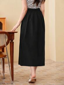 Solavon Elastic Waist Solid Flare Skirt - Black - View 2