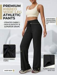 Dewbera Dewbera Pantalon de sport, de yoga et de plein air pour femmes, de couleur unie, taille large avec cordon de serrage, jambes larges, décontracté et simple - Noir - Voir 4