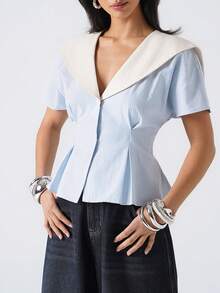 LYSMO 2026 New Arrive Minimalism Spring/Summer Women's Contrast Stripe Navy Collar Short Sleeve Single-Breasted Shirt,Summer Top - Blue - View 4