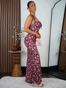 SAYEHFBABY 女士花卉印花紧身性感时尚优雅派对度假节夏季连衣裙 - 酒紅色 - 查看 5