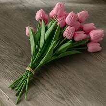 10/20 piezas Tulipanes artificiales de color rosa oscuro, tulipanes falsos realistas para decoración del Día de San Valentín, diseño de interiores del hogar, dormitorio, sala de estar y decoración de fiesta de cumpleaños - Rosa oscuro - Ver 7