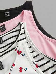 SHEIN EZwear 女士四件套休闲套装，黑白条纹图案，樱桃印花，黑色和粉色百搭性感吊带背心，夏季必备 - 彩色 - 查看 3