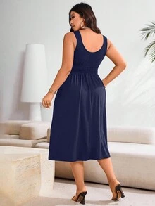 EMERY ROSE Vestido maxi de verano casual con pliegues de unicolor para mujer de talla grande - Azul - Ver 2