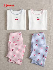 SHEIN Playful Pals A Set Of Baby Girl Cherry Knit White Ruffled Collar Sweater T-Shirt And Plaid Pants Pajamas, For Summer Sweet Girly Style Cute And Sweet 2026 New Resort Atmosphere Relaxed And Comfortable Pink Style Girly Outfit Set Baby Girl's Clothing - White - View 4