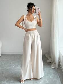 SHEIN Elenzya Conjunto de 2 piezas de top corto y pantalones de pierna ancha elegante para vacaciones de verano para mujer - Albaricoque - Ver 3