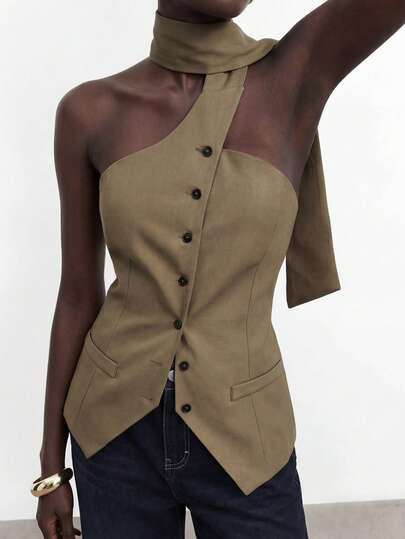 Maija 2025 Nuevo chaleco asimétrico de un solo pecho con hombro atado en color caqui para mujer, elegante para fiesta, oficina, viaje, negocios, uso diario, romántico, casual, retro de los 90, Año Nuevo, vacaciones, playa, graduación, moda, minimalista, adecuado para invitado de boda, anfitrión, cita, fiesta, concierto, actuación en el escenario, desayuno, té, aeropuerto, vacaciones de verano