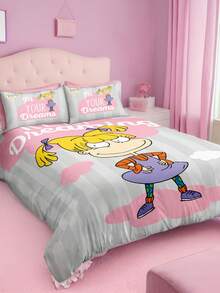 Nick 90s | SHEIN 3Pc Pink And Gray Cartoon Character Quilt Cover Set, Sanded Material, Soft And Warm, Multiple Sizes, Suitable For Single Bed/Double Bed/Queen Bed/King Bed - Baby Pink - View 2