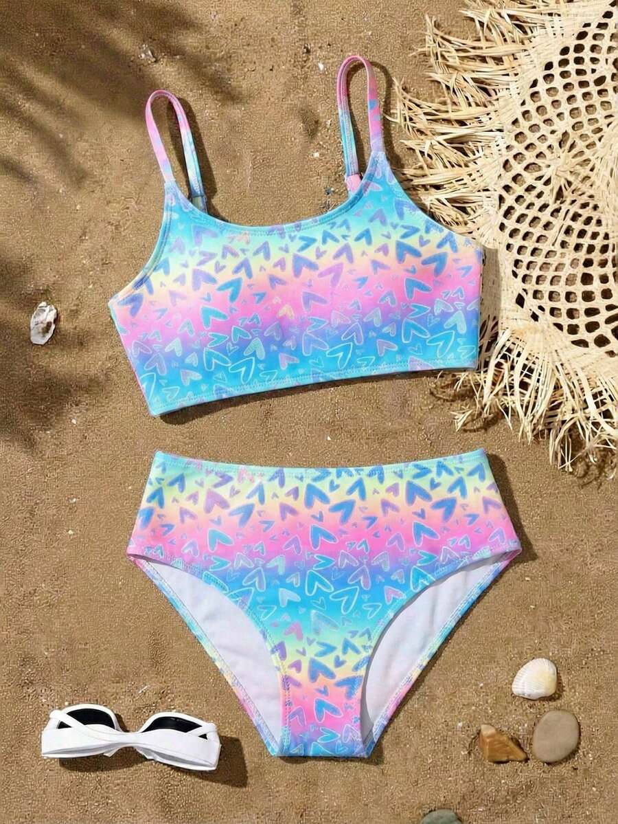 SHEIN Conjunto de bikini para niñas preadolescentes, separados de tela de punto lindos, traje de baño elegante y casual adecuado para nadar, vacaciones de verano, playa, piscina, fiesta de vacaciones - Multicolor - Ver 1