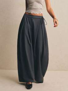 Poéselle Women's High-Waisted Pleated Wide-Leg Trousers With Adjustable Tie Belt,Grey Winter Oversized Office Tailored Palazzo Pants,Baggy Loose Fit Slacks - Grey - View 2