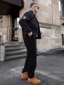 Artur Kramer 男士长袖休闲百搭运动立领夹克，大号印花图案，情侣款，大口袋，秋冬拉链夹克，防风夹克，街头风科技夹克 - 黑色 - 查看 4