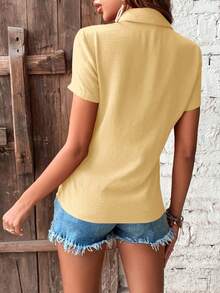 Breezaya Damen lässig Urlaubs- & Pendler-Shirt Einfarbig mit Kurzarm, Sommer Damen Shirts für den Sommer, einfaches Hemd für Damen, Sommer Damen Shirts, günstige Shirts für Damen, Poloshirt für Damen, lässig Business lässig Damen Oberteile, Knopfleisten Hemden für Damen, Blusen für Damen lässig, gelbes Hemd für Damen - Gelb - Übersicht 2